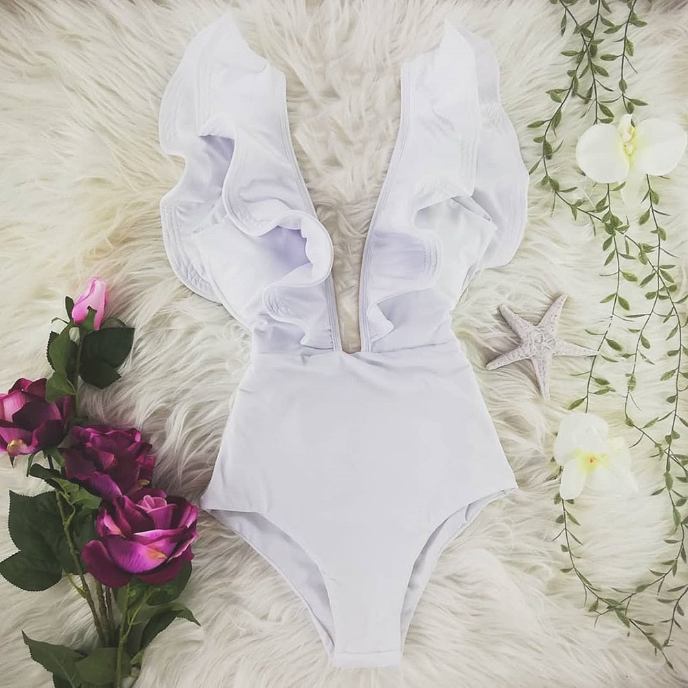 Maillot de bain une pièce imprimé, décolleté plongeant, volants, effet push-up, dos nu, idéal pour la plage
