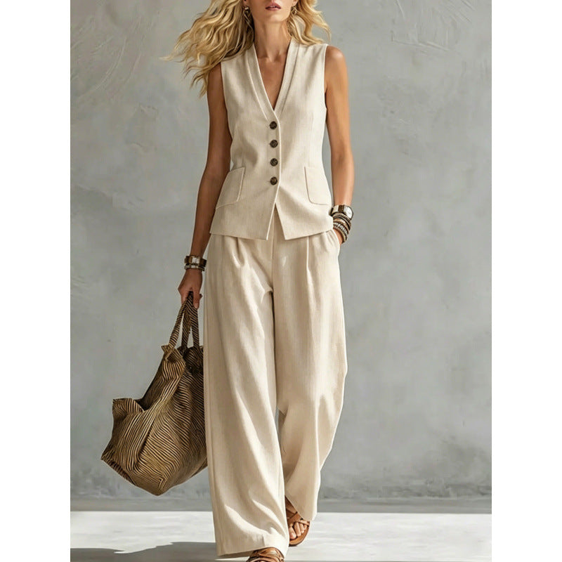 Ensemble gilet et pantalon décontracté en lin uni sans manches