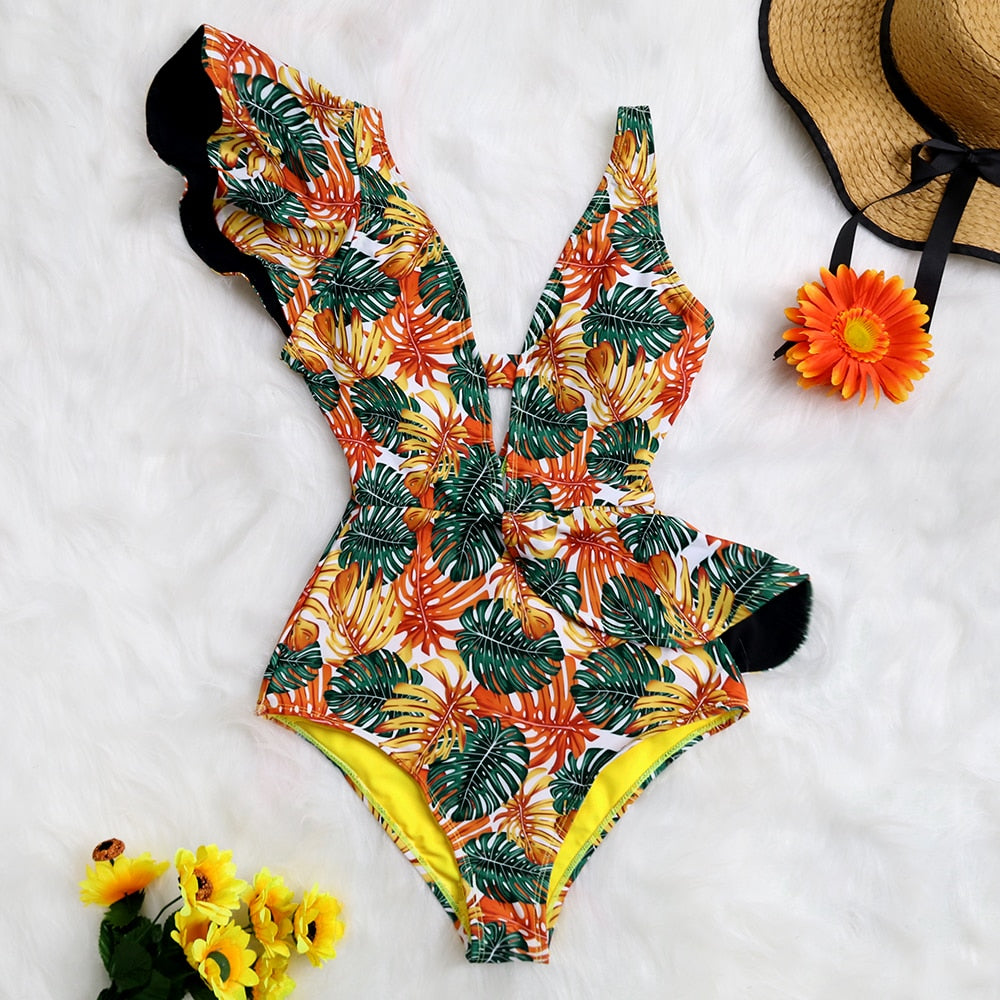 Maillot de bain une pièce imprimé, décolleté plongeant, volants, effet push-up, dos nu, idéal pour la plage