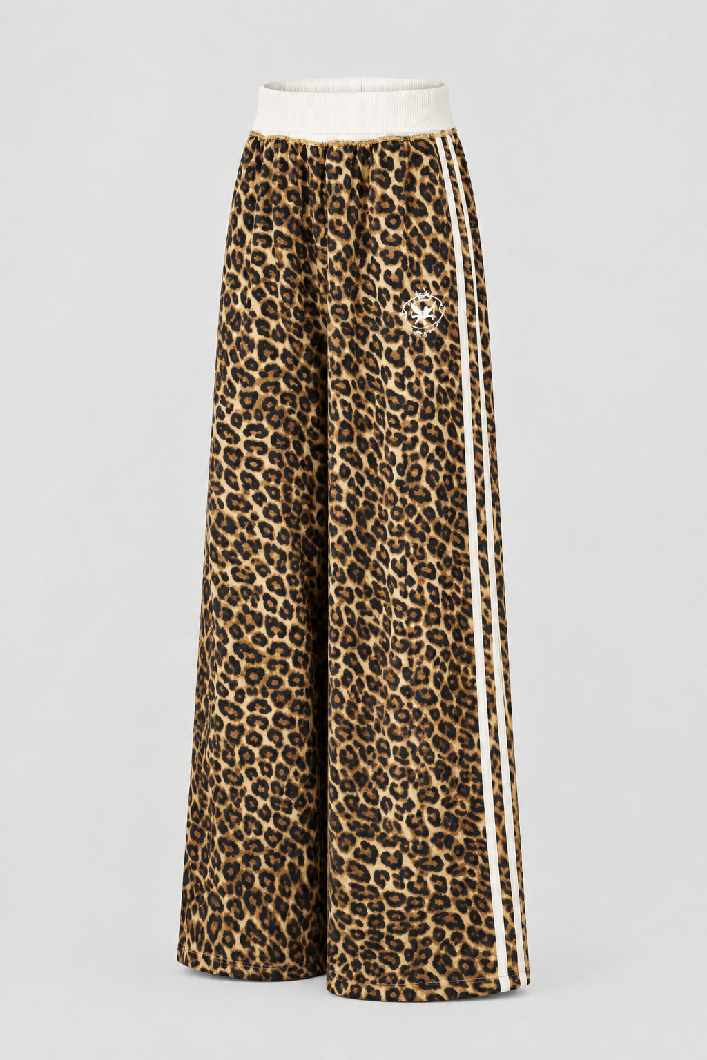 Pantalon décontracté à jambes larges, motif léopard et bandes latérales, avec empiècement blanc contrastant à la taille