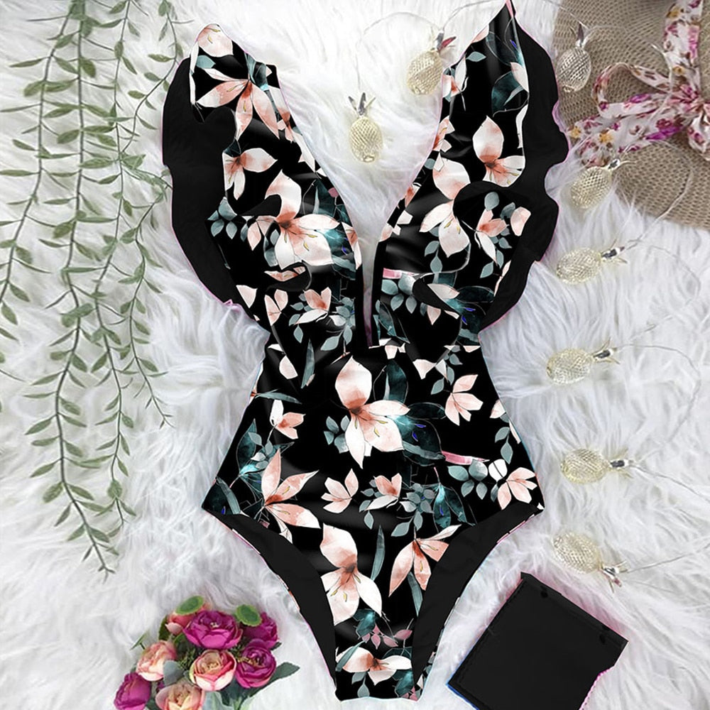 Maillot de bain une pièce imprimé, décolleté plongeant, volants, effet push-up, dos nu, idéal pour la plage