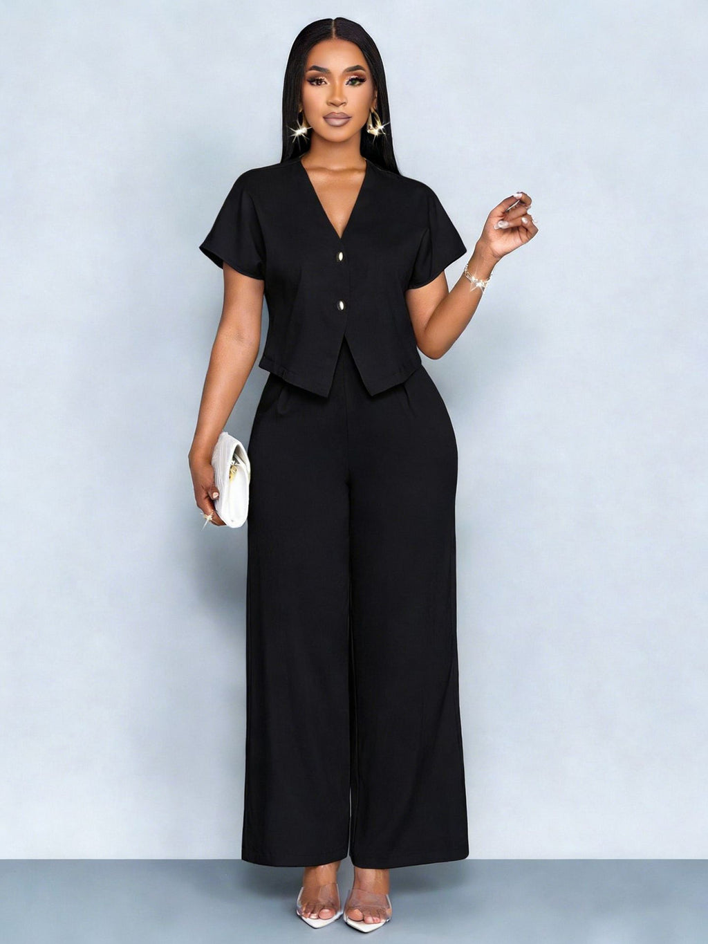 Ensemble deux pièces décontracté grande taille : cardigan asymétrique à manches courtes et col en V, pantalon droit et jambes larges.