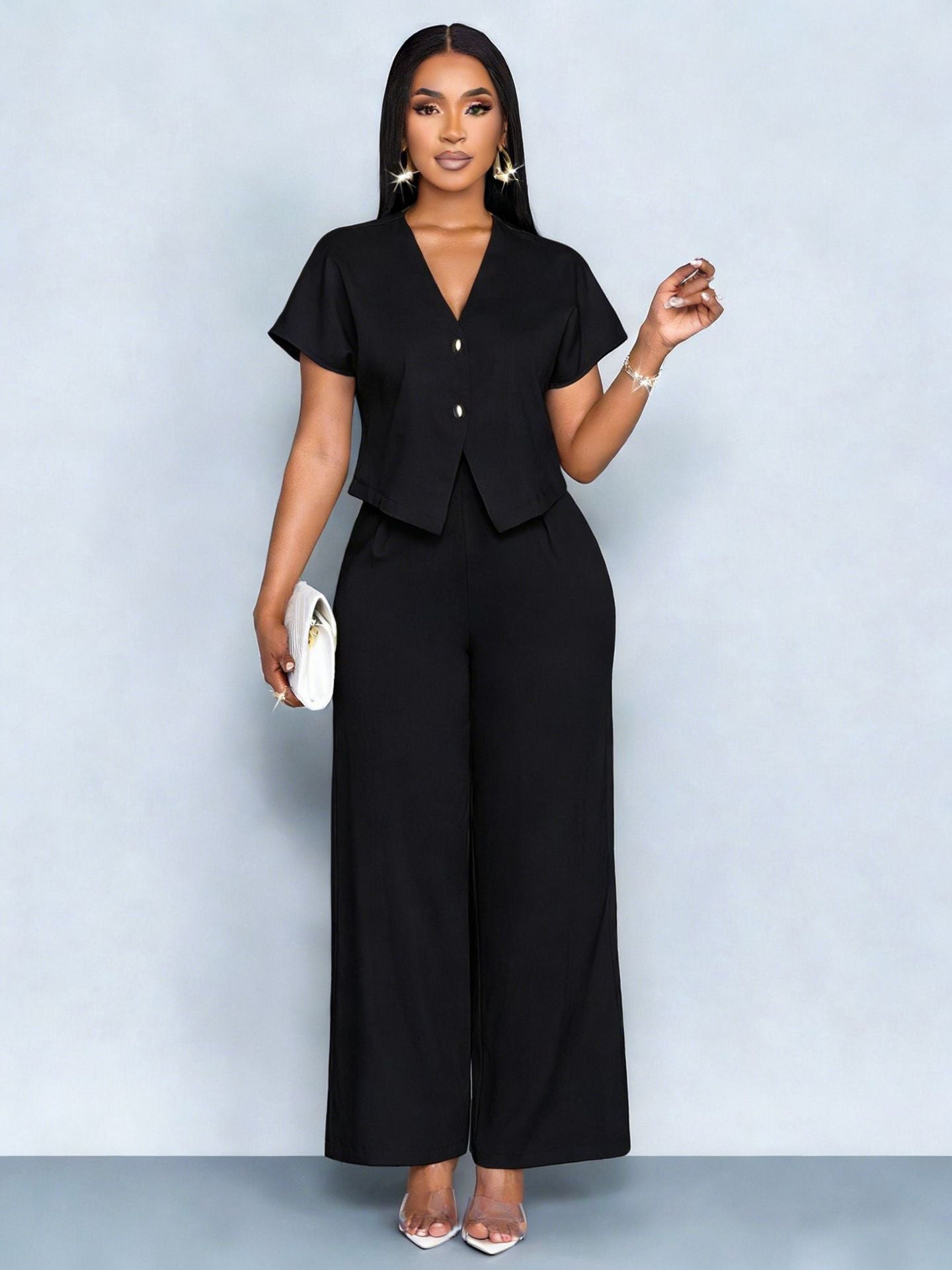 Ensemble deux pièces décontracté grande taille : cardigan asymétrique à manches courtes et col en V, pantalon droit et jambes larges.