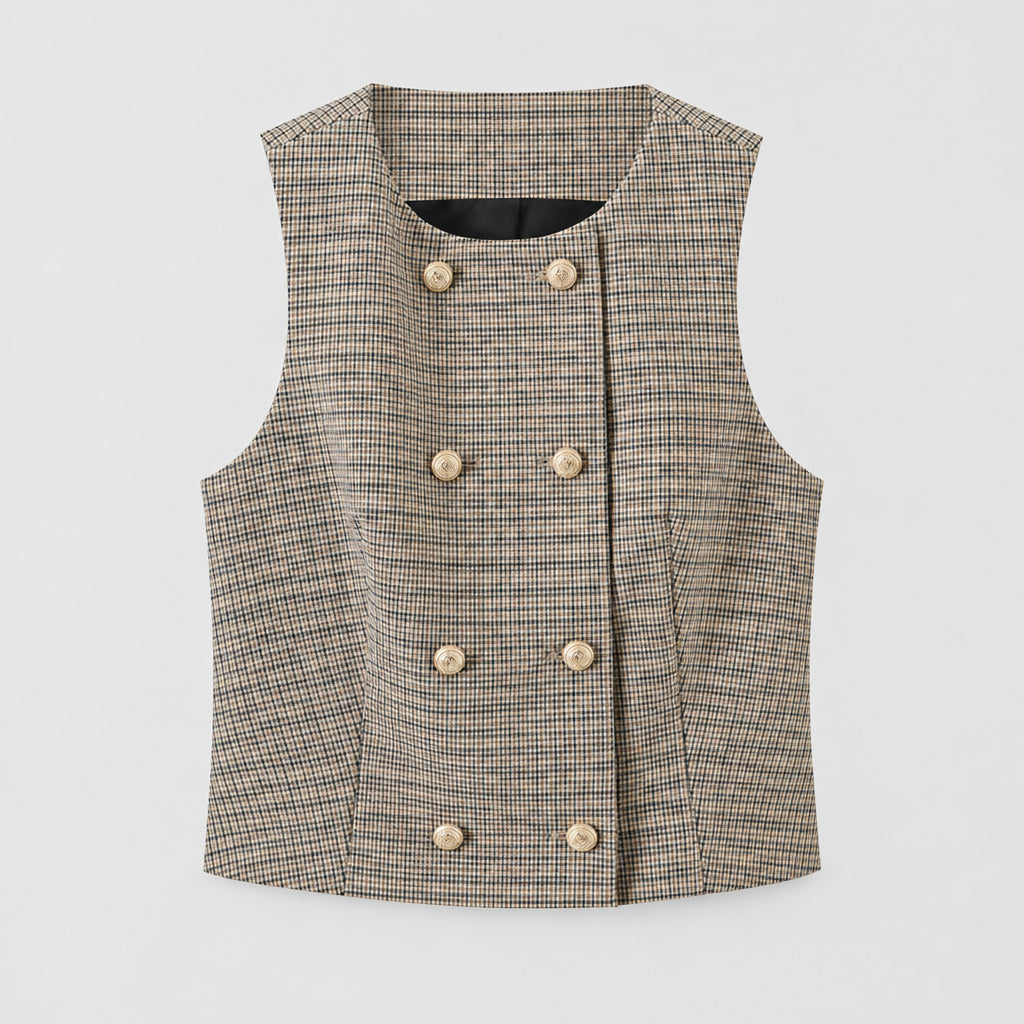 Ensemble : Gilet à carreaux sans manches à double boutonnage et d'un pantalon long.
