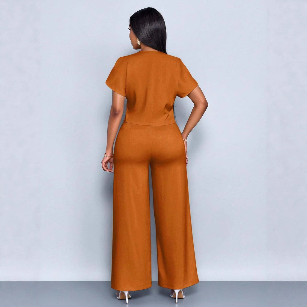 Ensemble deux pièces décontracté grande taille : cardigan asymétrique à manches courtes et col en V, pantalon droit et jambes larges.