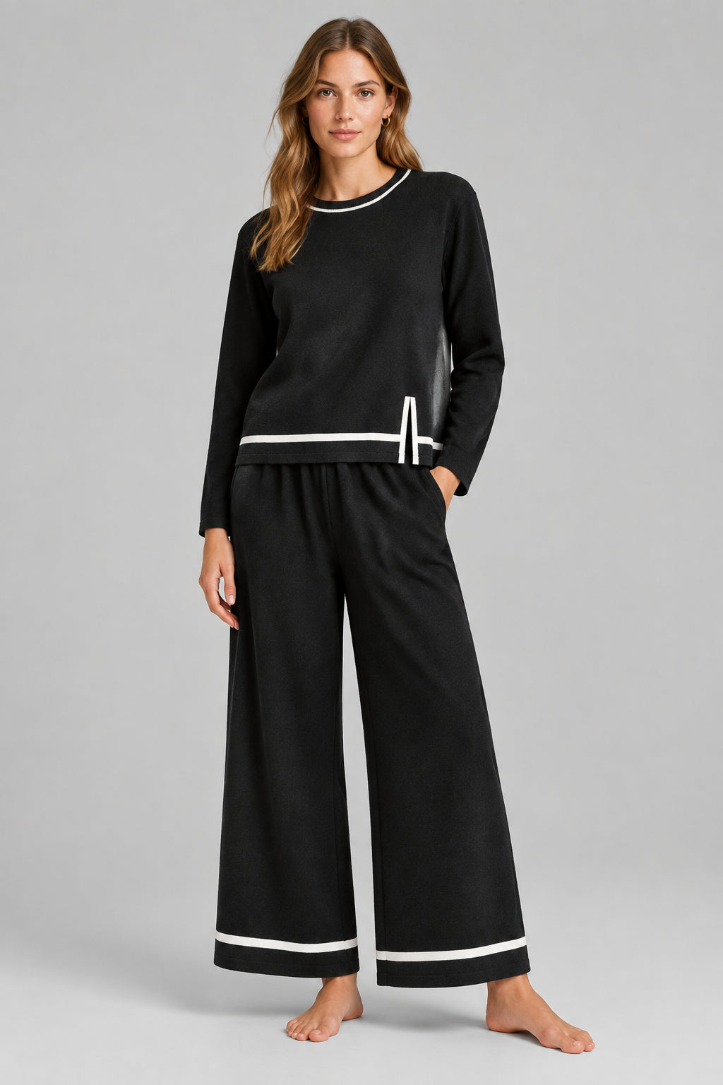 Ensemble : Pantalon large à fentes et Haut à manches longues