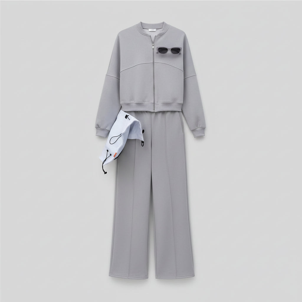 Ensemble deux pièces pour femme : sweat à capuche zippé uni et pantalon droit