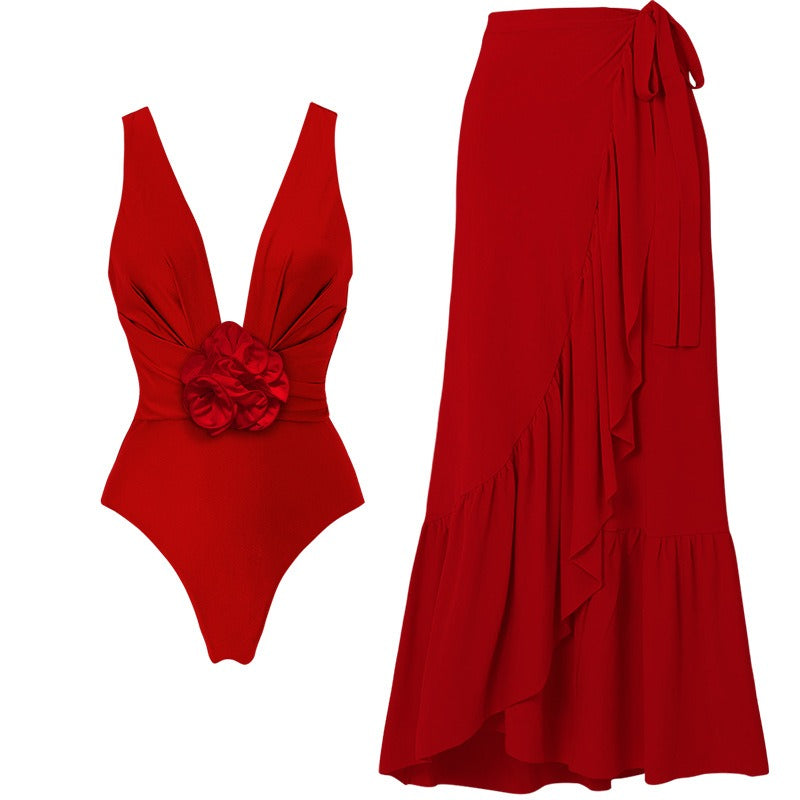 Maillot de bain une pièce pour femme, orné de fleurs en relief, décolleté plongeant sexy.