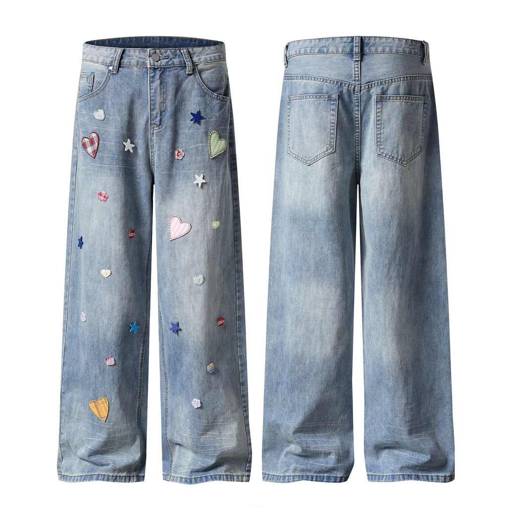 Pantalon en jean façon patchwork, coupe droite ample