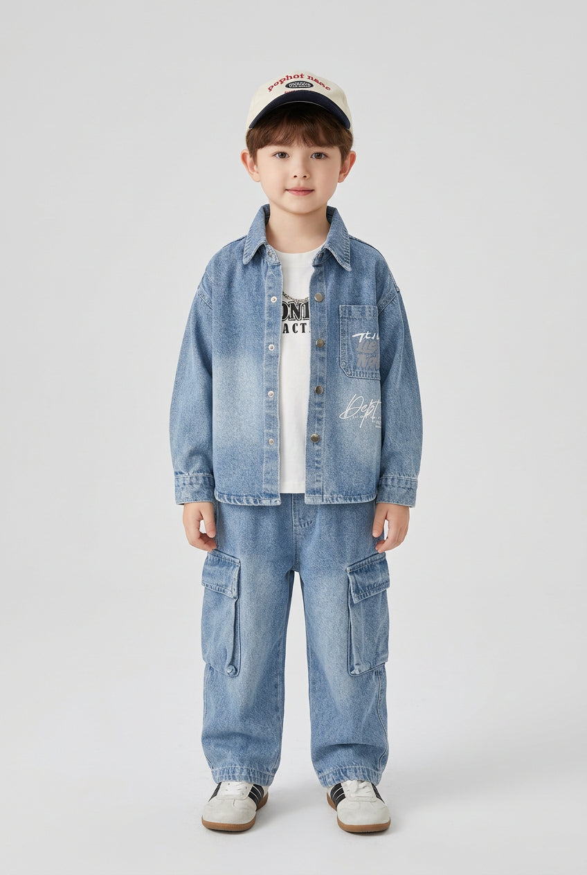 Ensemble deux pièces en jean pour garçon : veste à manches longues et pantalon