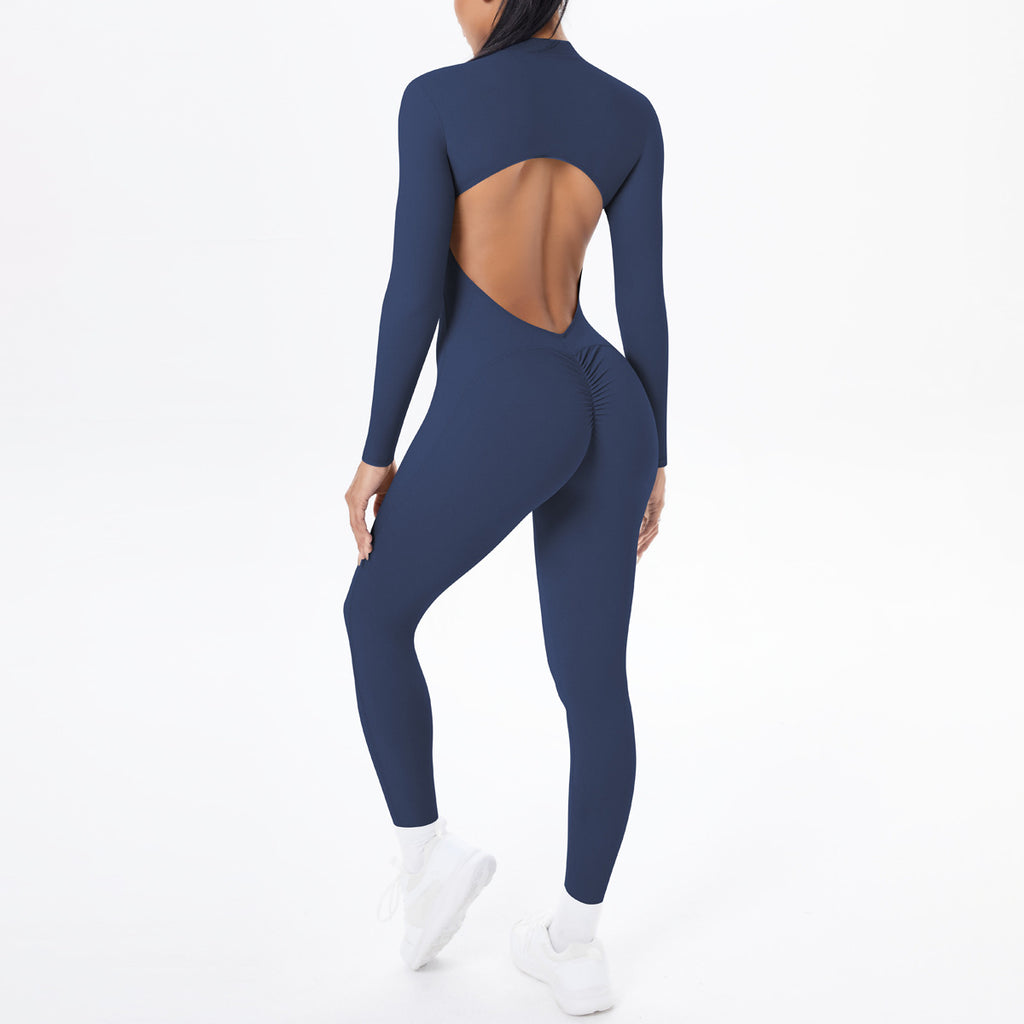 Combinaison de yoga style demi-zip, coupe ajustée effet seconde peau, manches longues et pantalon long, tenue de yoga très élastique.