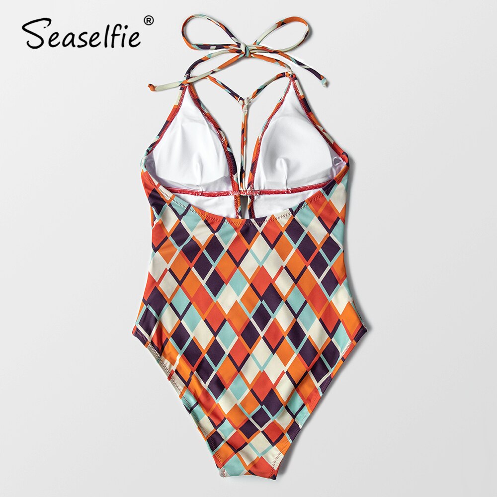 Maillot de bain une pièce à imprimé géométrique, décolleté plongeant en V, dos nu, pour femme, style monokini sexy avec découpes, idéal pour la plage.