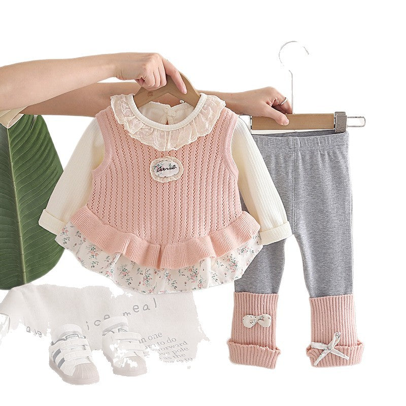 Ensemble trois pièces en maille à motif floral pour fille