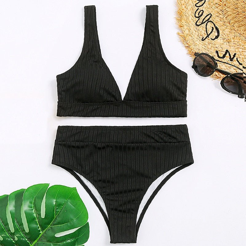 Bikini côtelé uni , taille haute,col V femme
