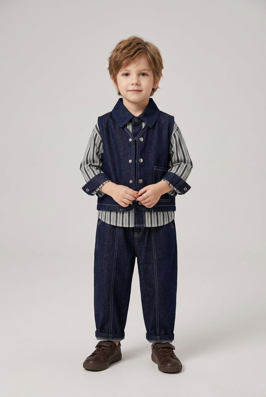 Ensemble trois pièces pour garçon avec gilet, chemise  et  jean