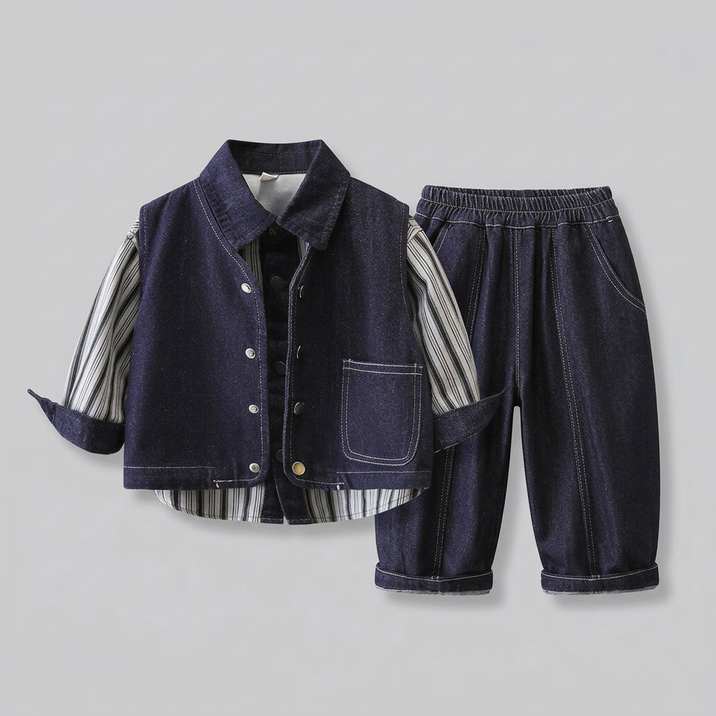 Ensemble trois pièces pour garçon avec gilet, chemise  et  jean