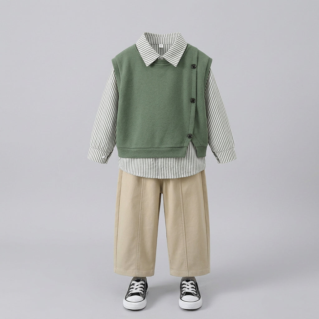 Ensemble trois pièces  : chemise , gilet sans manche et pantalon beige
