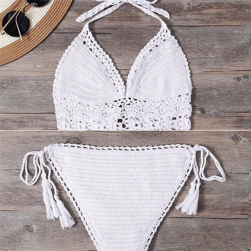 Ensemble bikini femme crocheté à la main, , blanc et noir