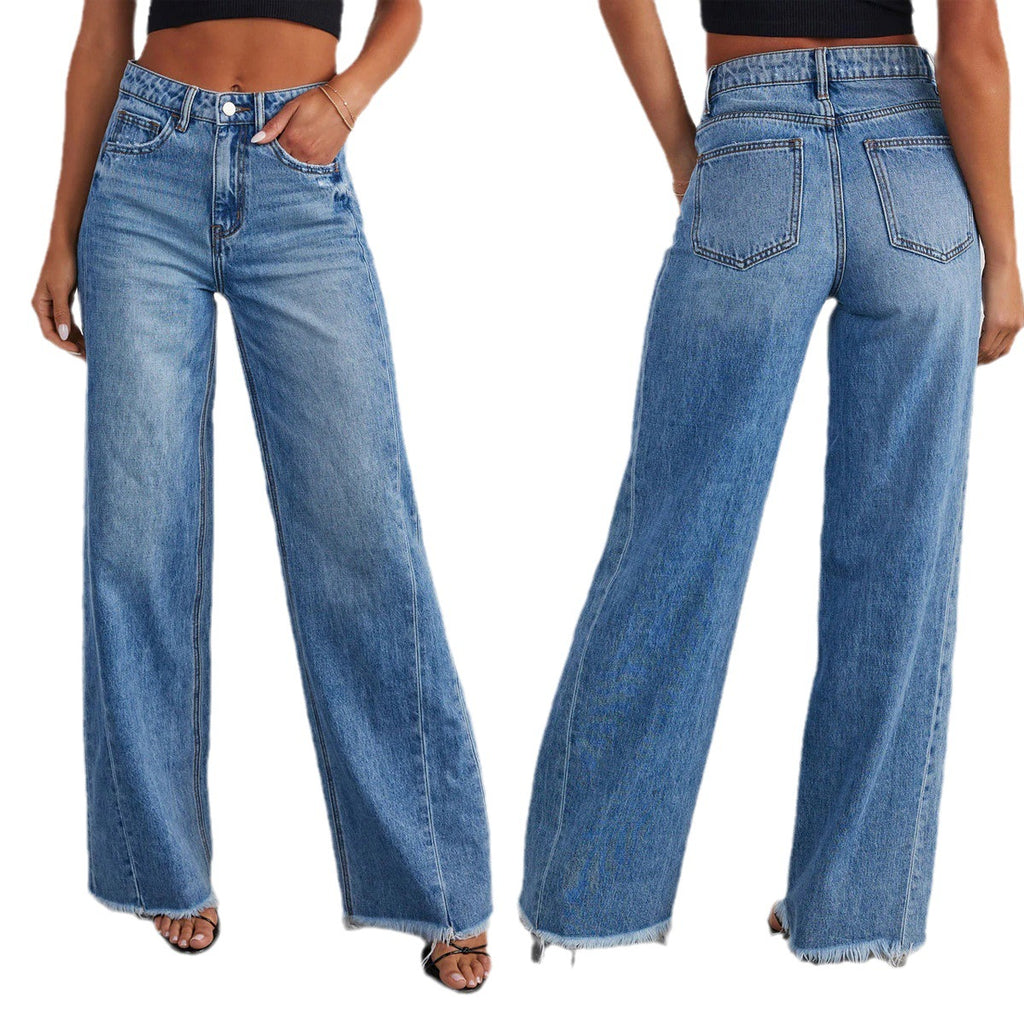 Jean pour femme à coupe large et jambes amples, avec empiècements latéraux et ourlet brossé