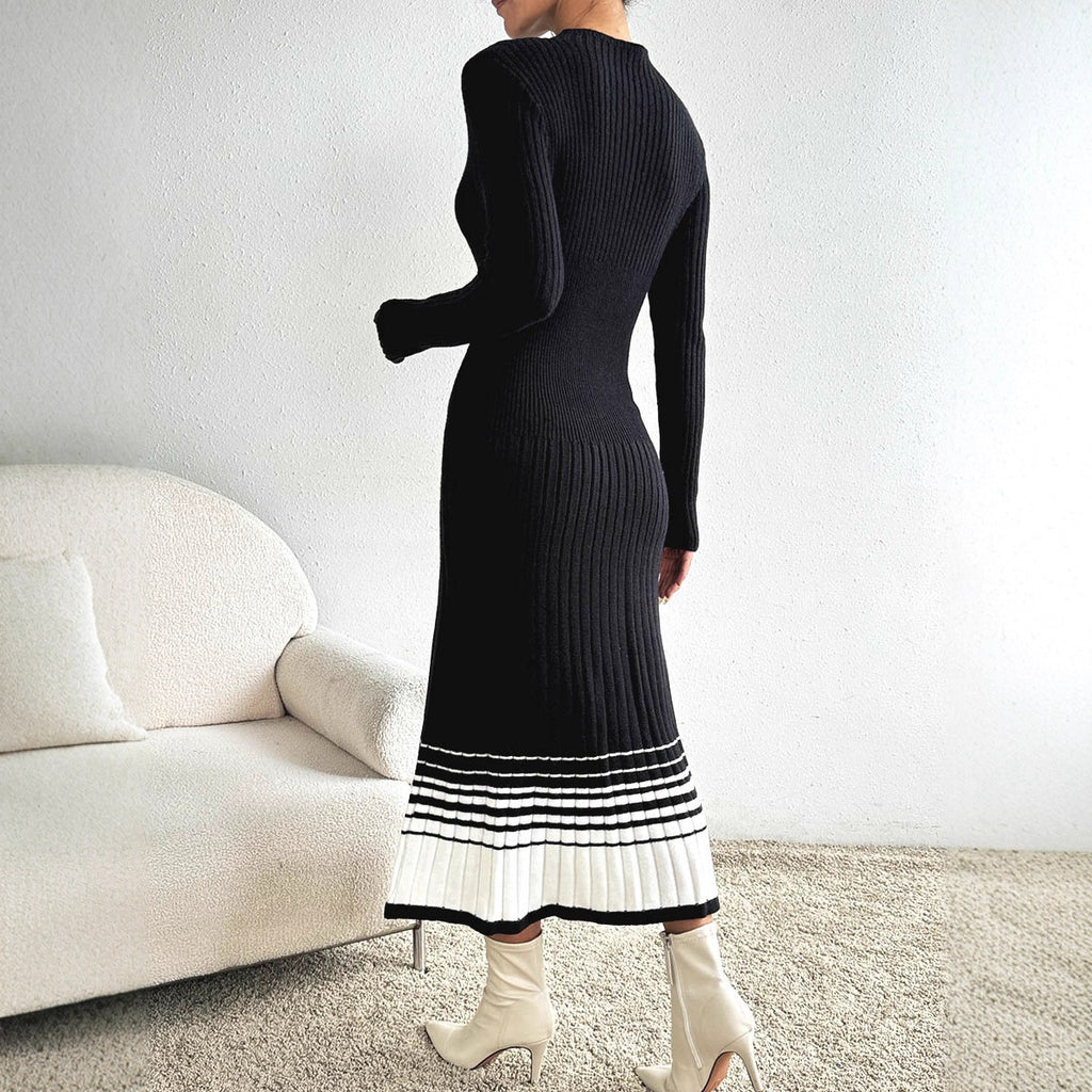 Robe en maille pour femme à rayures noires et blanches