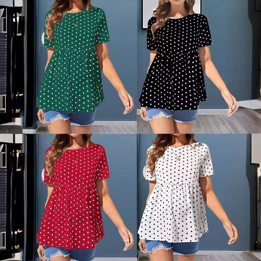 Chemise de maternité à pois, manches courtes et col rond, à la fois tendance et confortable