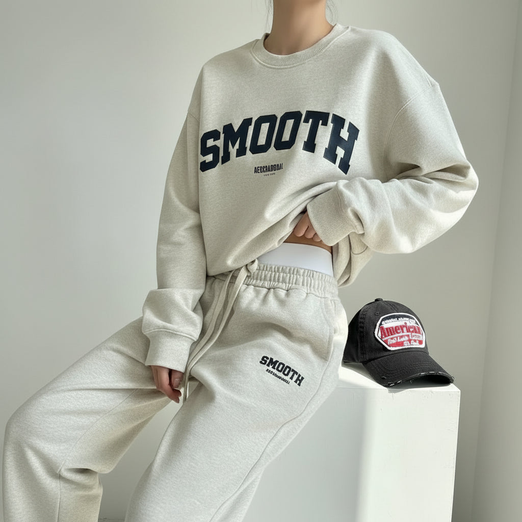 Ensemble : sweat ample et pantalon large.