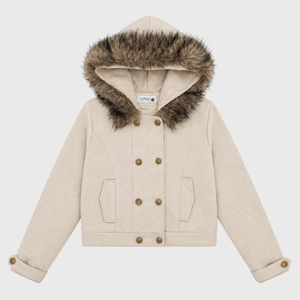 Veste décontractée en imitation daim, croisée, avec capuche et col en fourrure