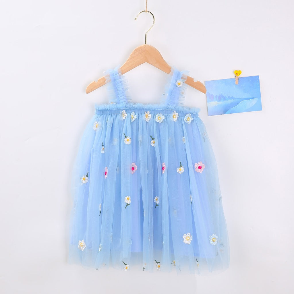 Robe d'été à bretelles pour filles, style nouveau, brodée, en tulle doux