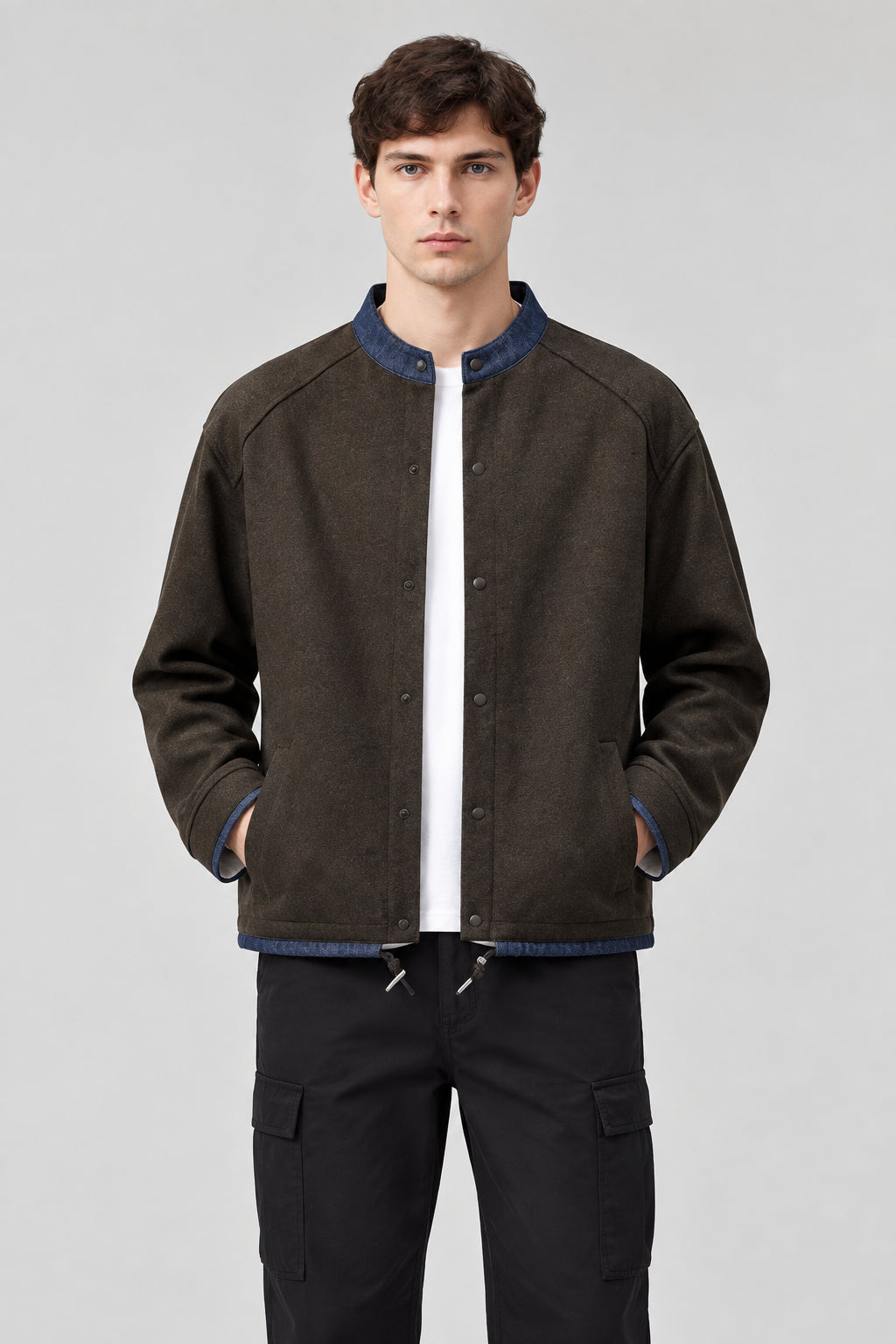 Veste-sweat décontractée , coupe ample, couleur unie, manches longues, col montant et fermeture zippée.