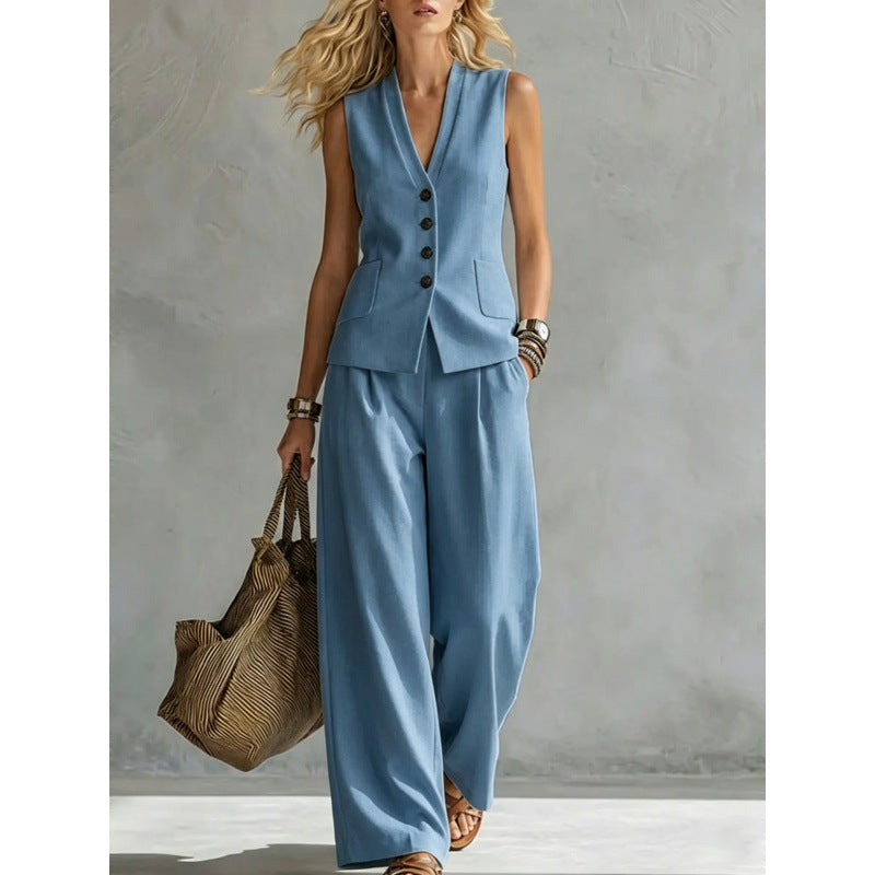 Ensemble gilet et pantalon décontracté en lin uni sans manches