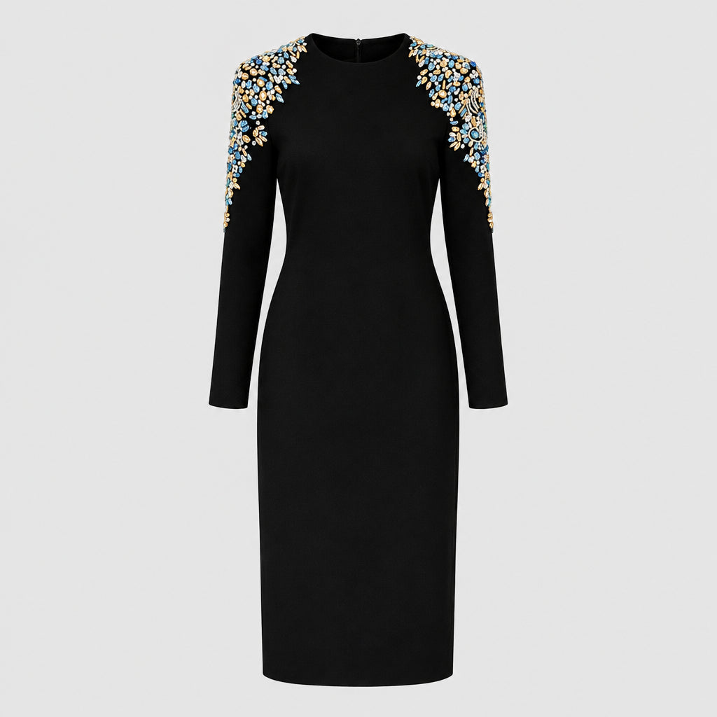 Robe mi-longue à manches longues,ornée de perles et de strass