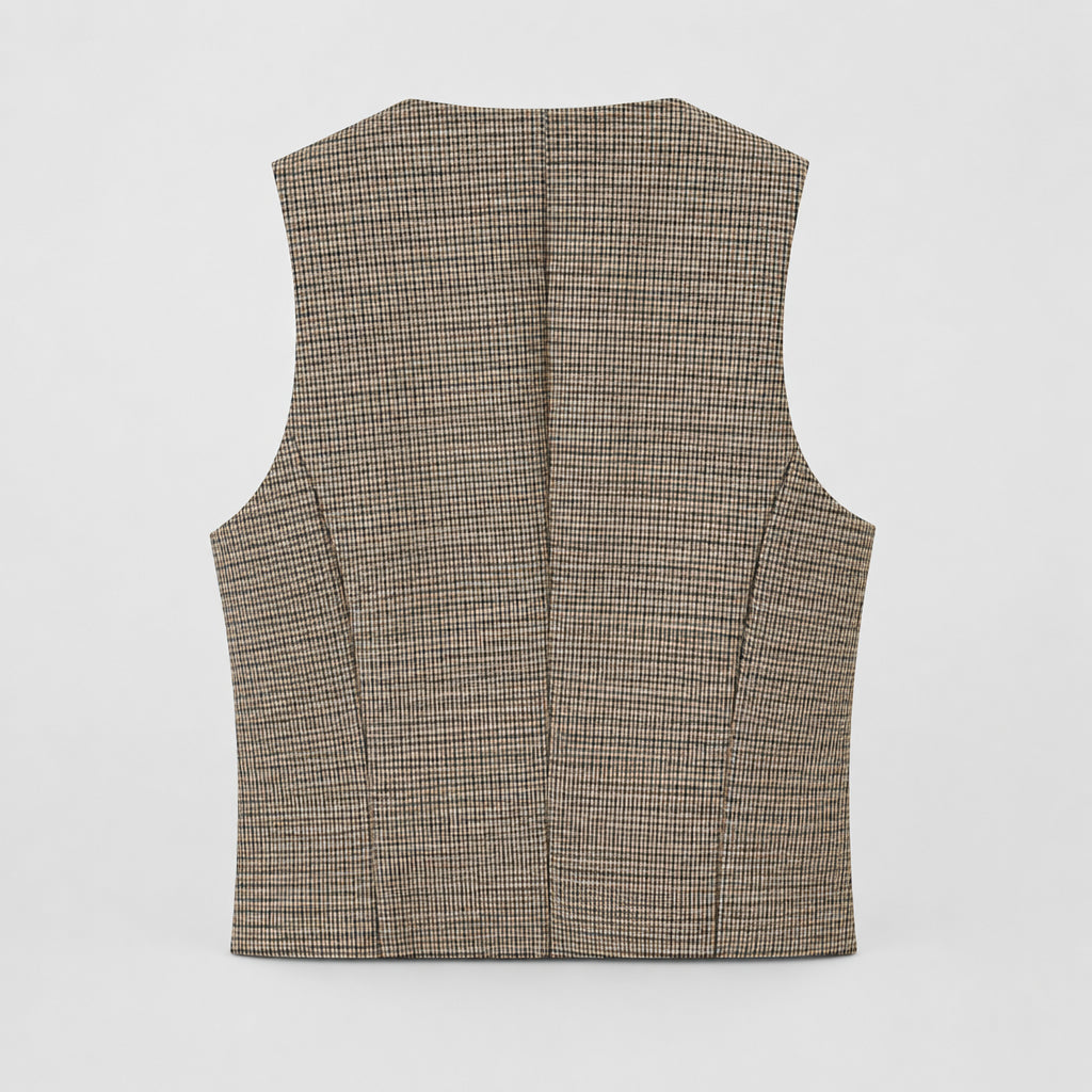 Ensemble : Gilet à carreaux sans manches à double boutonnage et d'un pantalon long.