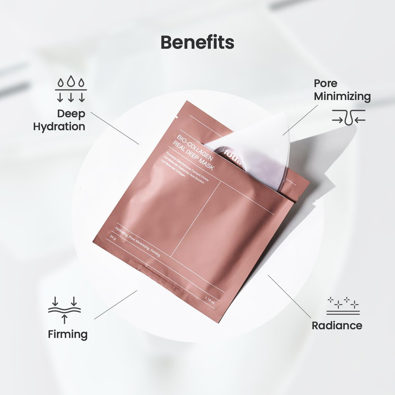 Masque en tissu Bio-Collagen Real Mask Sheet : effet collagène passant du blanc au transparent