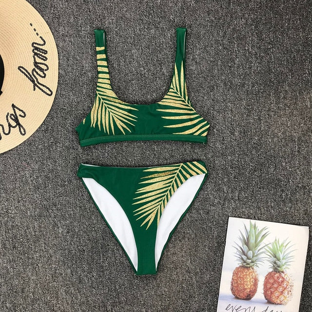 Bikini imprimé Feuille sexy noir, bikini imprimé feuilles, micro maillot de bain brésilien femme