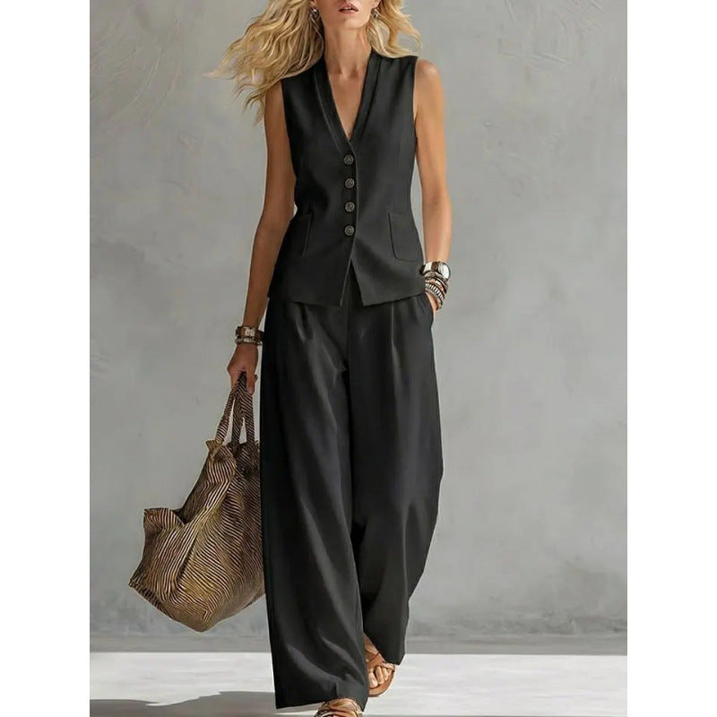Ensemble gilet et pantalon décontracté en lin uni sans manches
