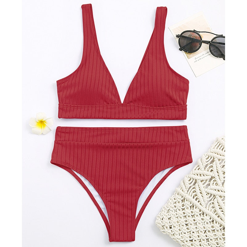 Bikini côtelé uni , taille haute,col V femme