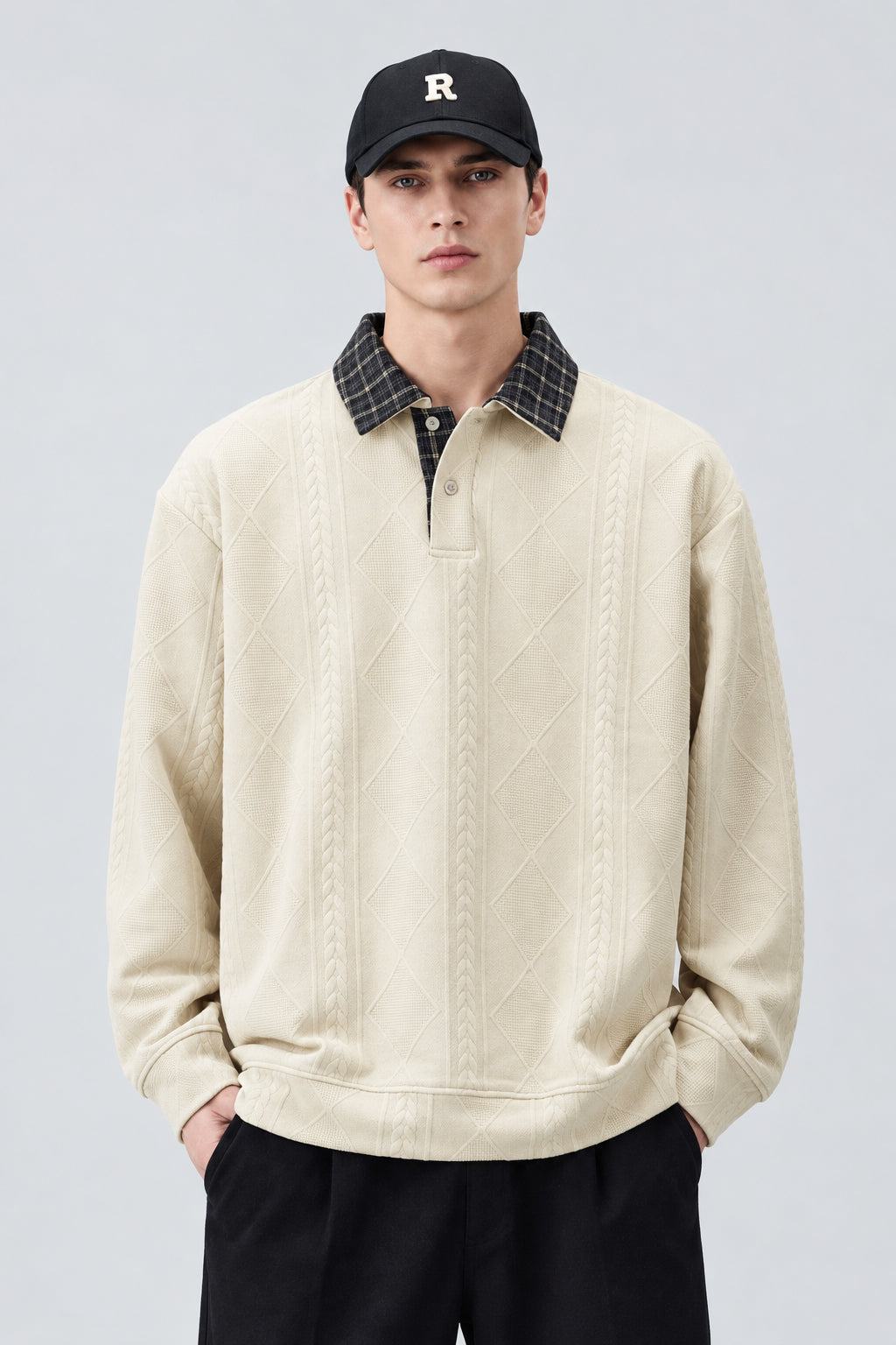 Sweat-shirt en maille jacquard épaisse, à manches longues et col rabattu