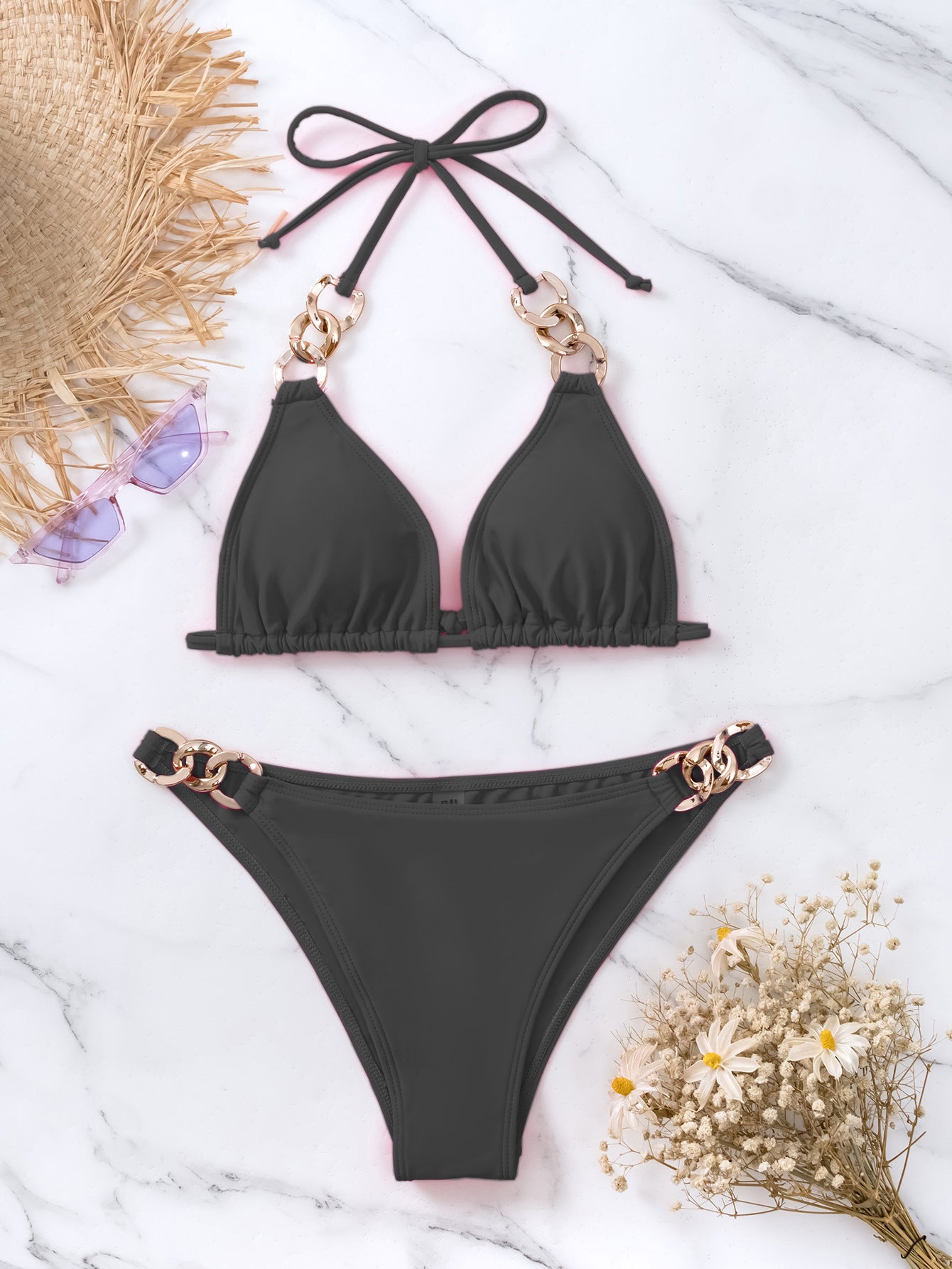 Maillot de bain bikini deux pièces triangulaire sexy uni