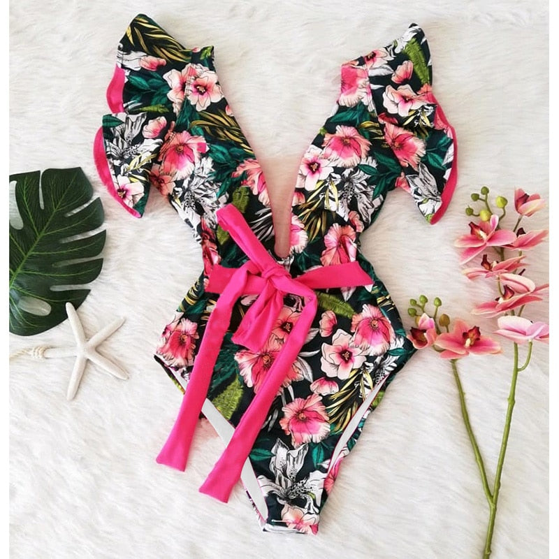 Maillot de bain une pièce imprimé, décolleté plongeant, volants, effet push-up, dos nu, idéal pour la plage