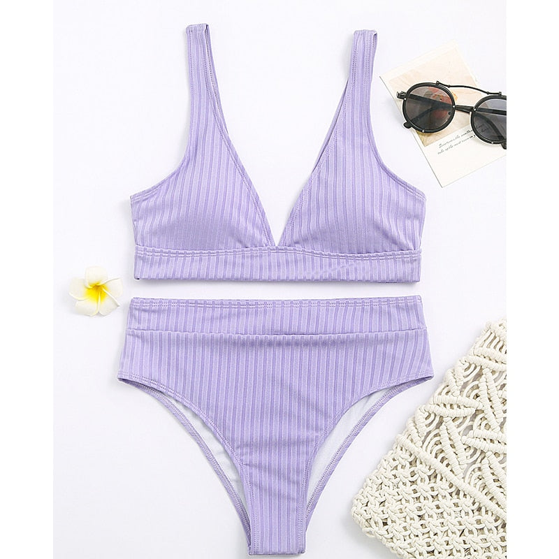 Bikini côtelé uni , taille haute,col V femme