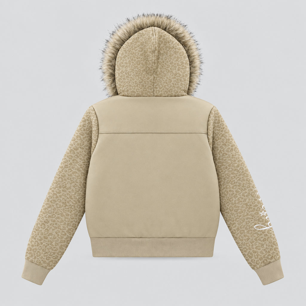 Veste zippée à empiècements imprimé léopard avec capuche amovible en fausse fourrure