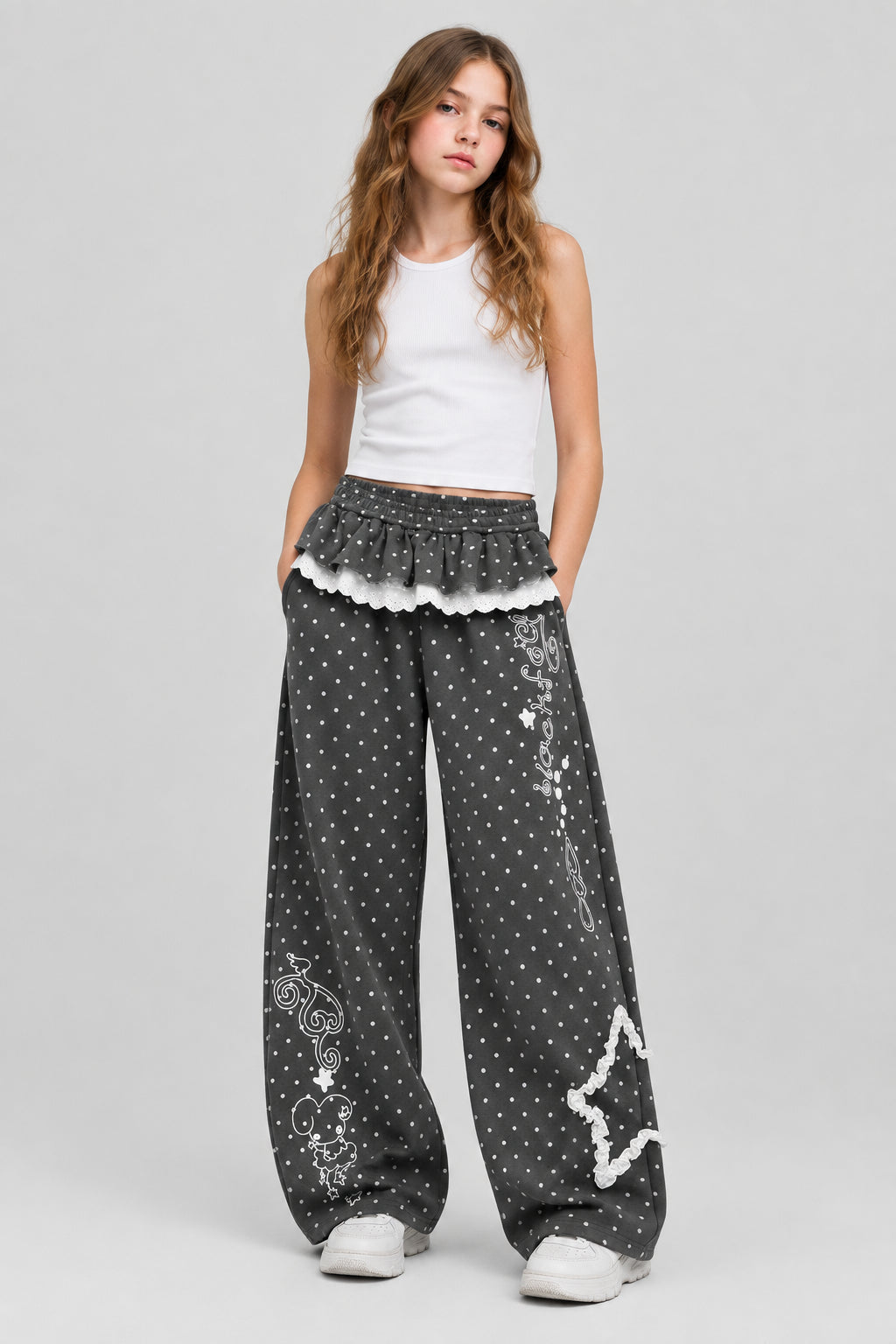 Pantalon de jogging ample à pois,  avec taille bordée de dentelle et motif étoile et dessin animé.