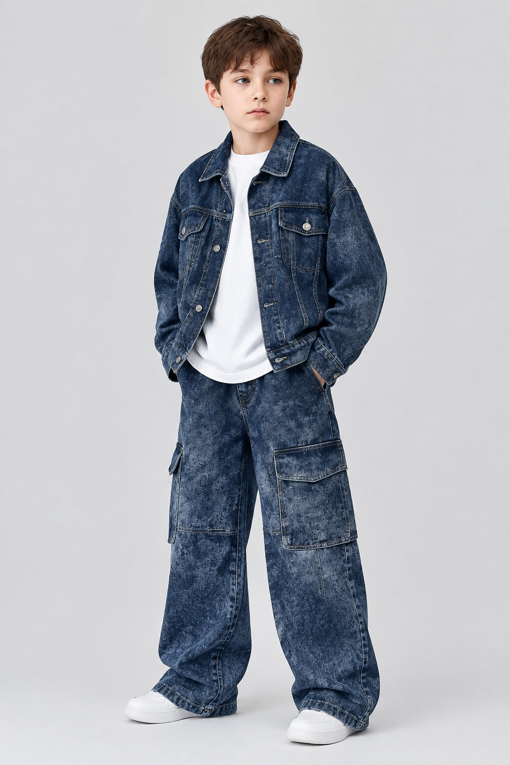 Ensemble décontracté deux pièces pour garçon : veste en jean et pantalon cargo