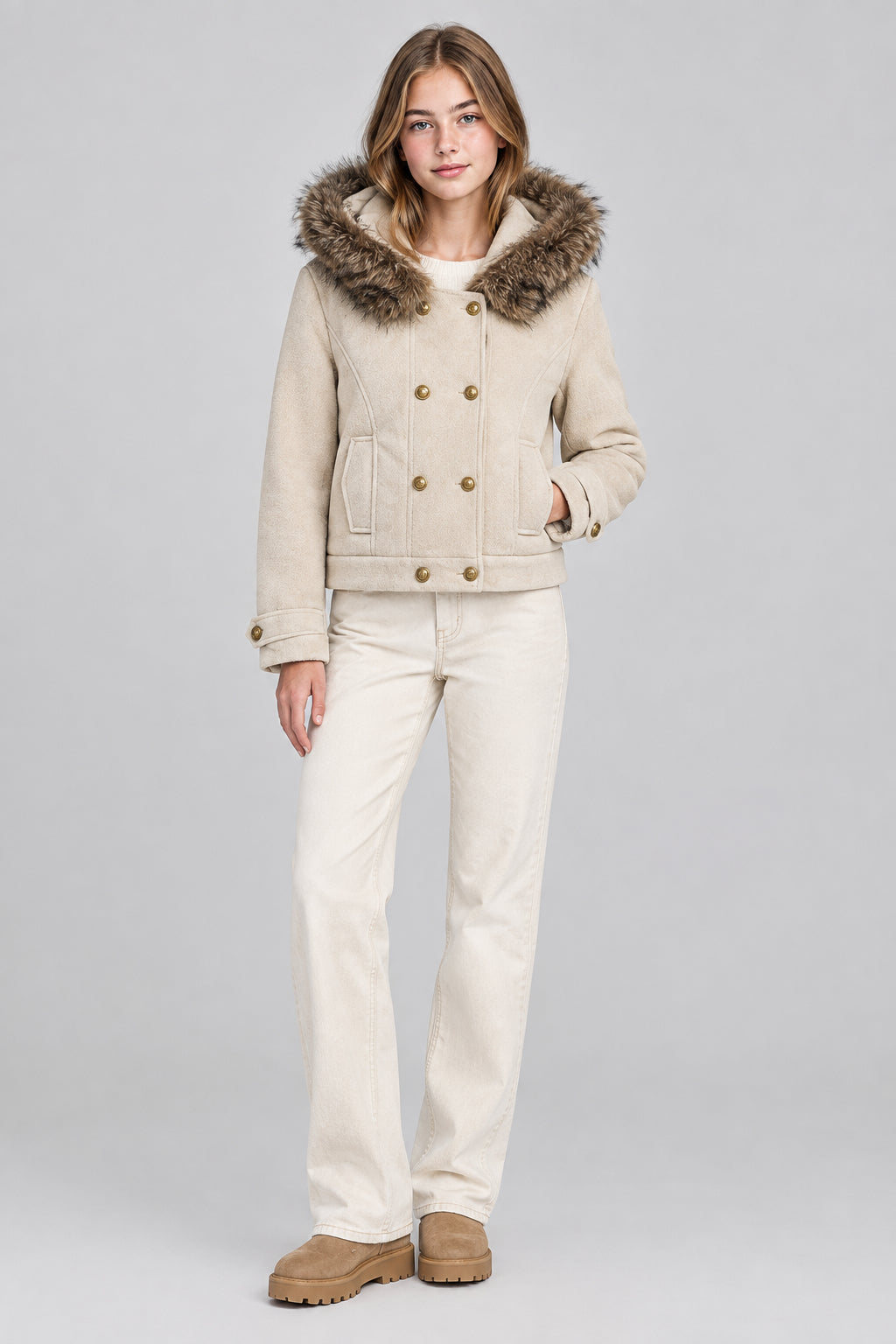 Veste décontractée en imitation daim, croisée, avec capuche et col en fourrure