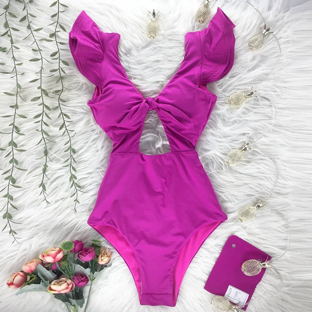 Maillot de bain une pièce imprimé, décolleté plongeant, volants, effet push-up, dos nu, idéal pour la plage
