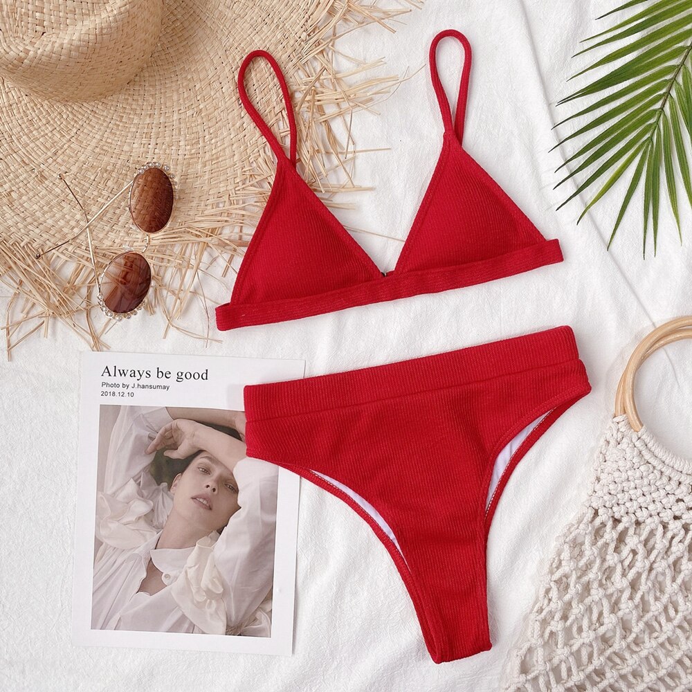 Maillot de bain bikini taille haute, ensemble bikini uni