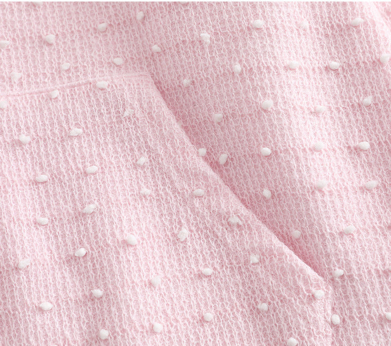Sweat-shirt court en molleton coupe ample, épaules dénudées, motif jacquard à pois, avec nœud et poches