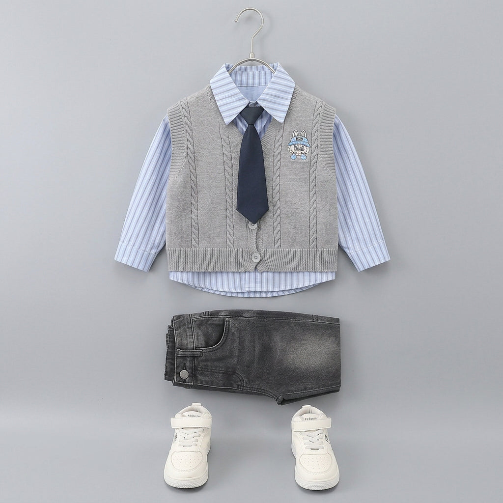 Ensemble 3 pièces pour garçon : gilet en maille , chemise  et pantalon denim