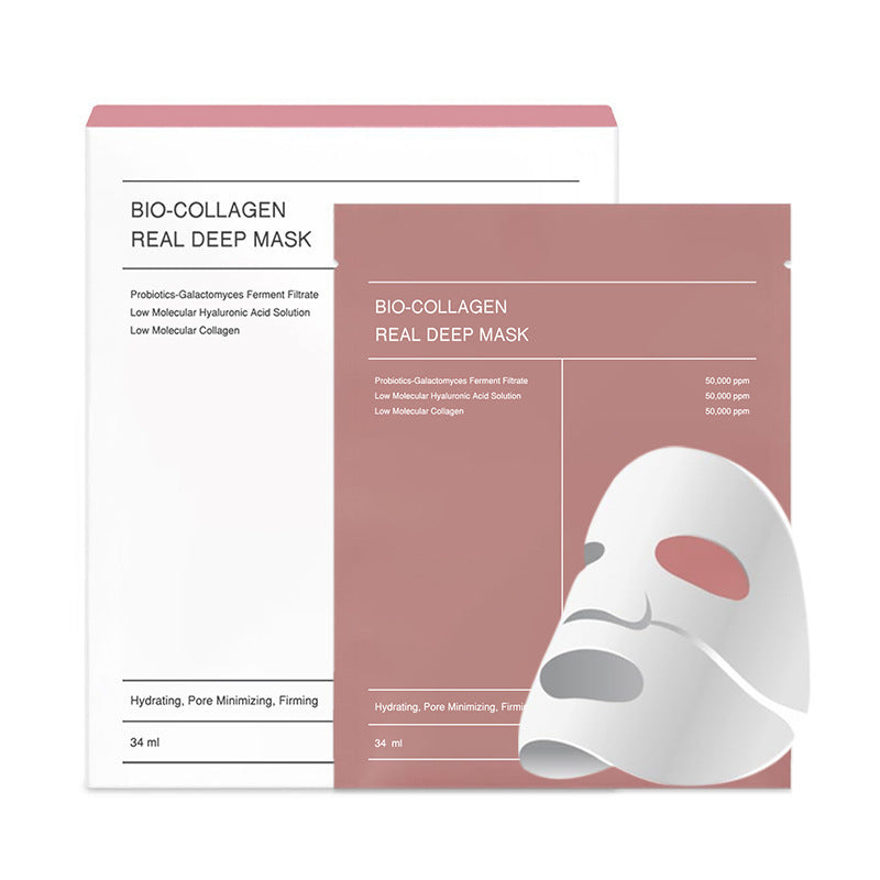 Masque en tissu Bio-Collagen Real Mask Sheet : effet collagène passant du blanc au transparent