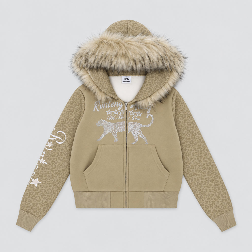 Veste zippée à empiècements imprimé léopard avec capuche amovible en fausse fourrure